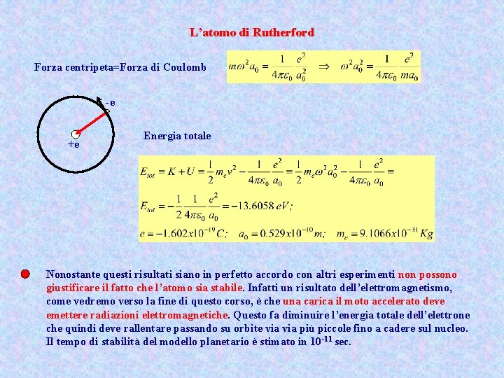 L’atomo di Rutherford Forza centripeta=Forza di Coulomb -e +e Energia totale Nonostante questi risultati