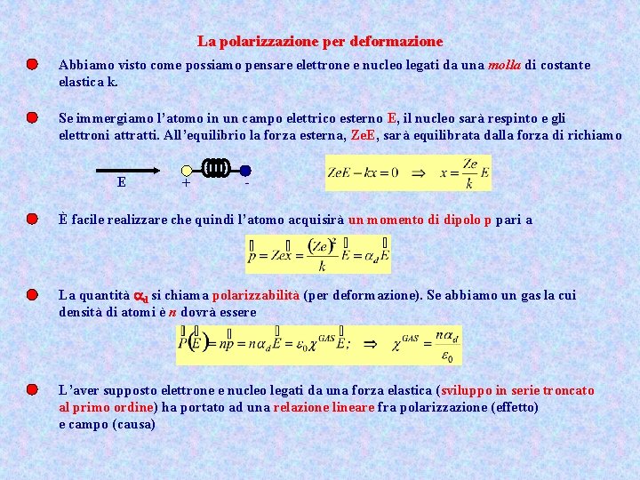 La polarizzazione per deformazione Abbiamo visto come possiamo pensare elettrone e nucleo legati da