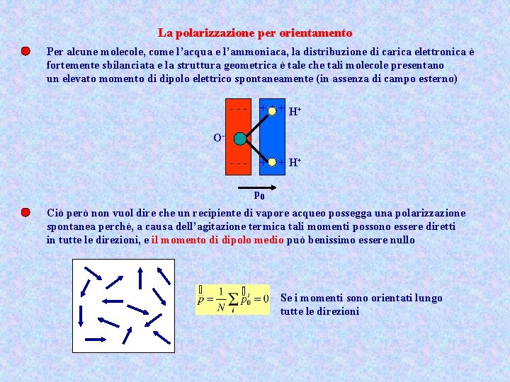 La polarizzazione per orientamento Per alcune molecole, come l’acqua e l’ammoniaca, la distribuzione di