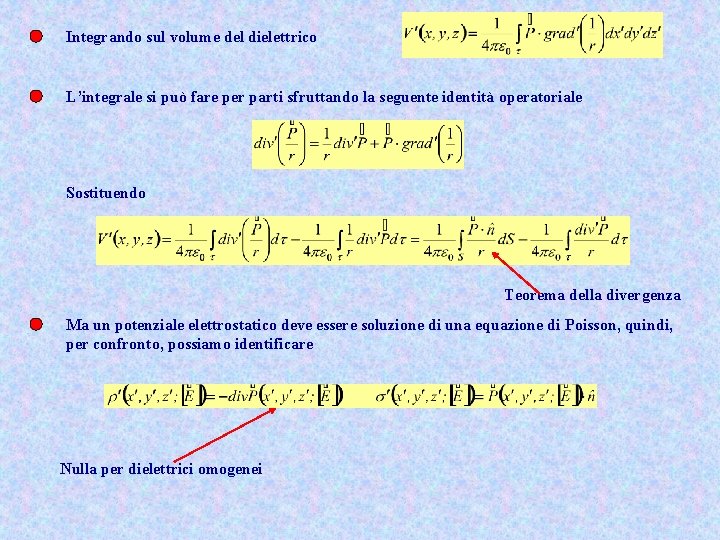 Integrando sul volume del dielettrico L’integrale si può fare per parti sfruttando la seguente