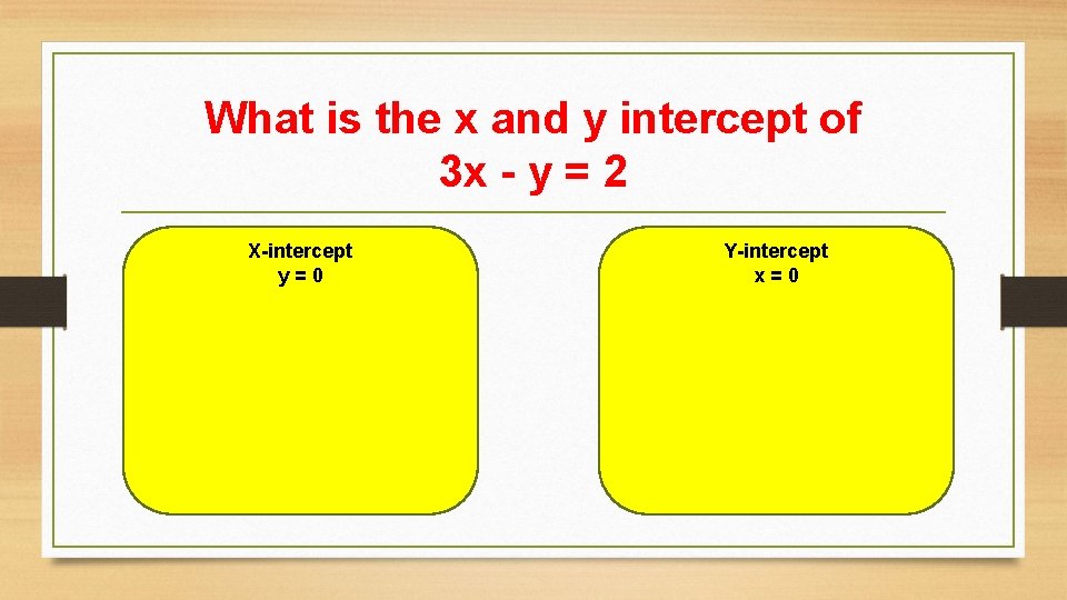 What is the x and y intercept of 3 x - y = 2