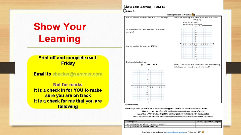 Show Your Learning Print off and complete each Friday Email to sbecker@summer. com Not