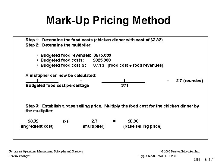 Mark-Up Pricing Method Step 1: Determine the food costs (chicken dinner with cost of