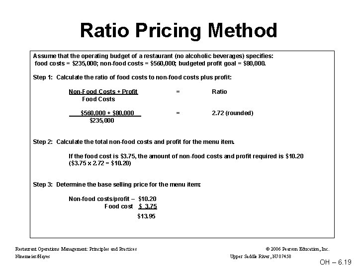Ratio Pricing Method Assume that the operating budget of a restaurant (no alcoholic beverages)