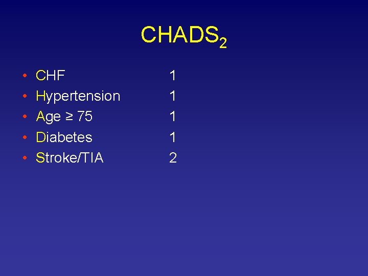 CHADS 2 • • • CHF Hypertension Age ≥ 75 Diabetes Stroke/TIA 1 1