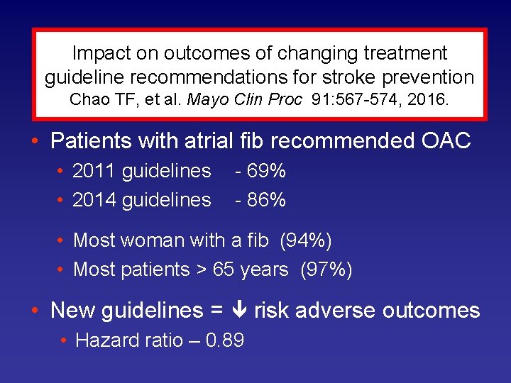 Impact on outcomes of changing treatment guideline recommendations for stroke prevention Chao TF, et