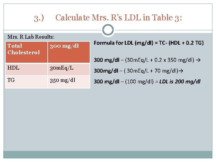 3. ) Calculate Mrs. R’s LDL in Table 3: Mrs. R Lab Results: Total