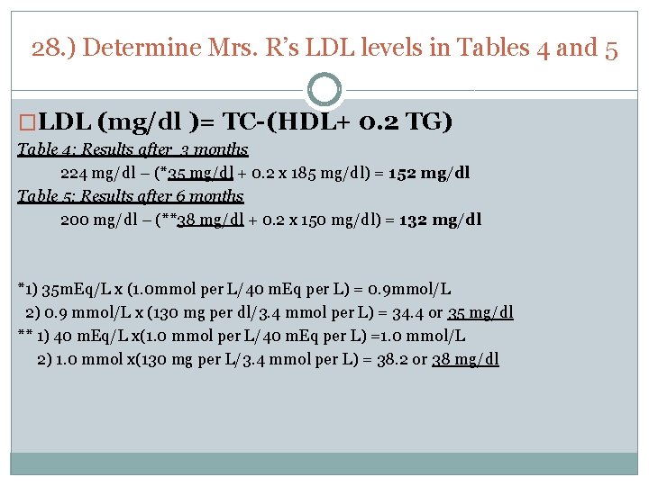 28. ) Determine Mrs. R’s LDL levels in Tables 4 and 5 �LDL (mg/dl