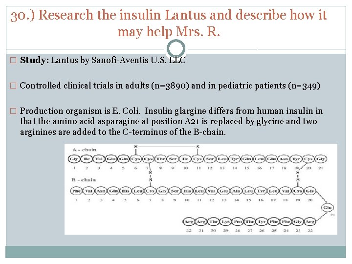 30. ) Research the insulin Lantus and describe how it may help Mrs. R.