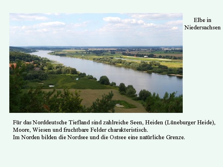 Elbe in Niedersachsen Für das Norddeutsche Tiefland sind zahlreiche Seen, Heiden (Lüneburger Heide), Moore,