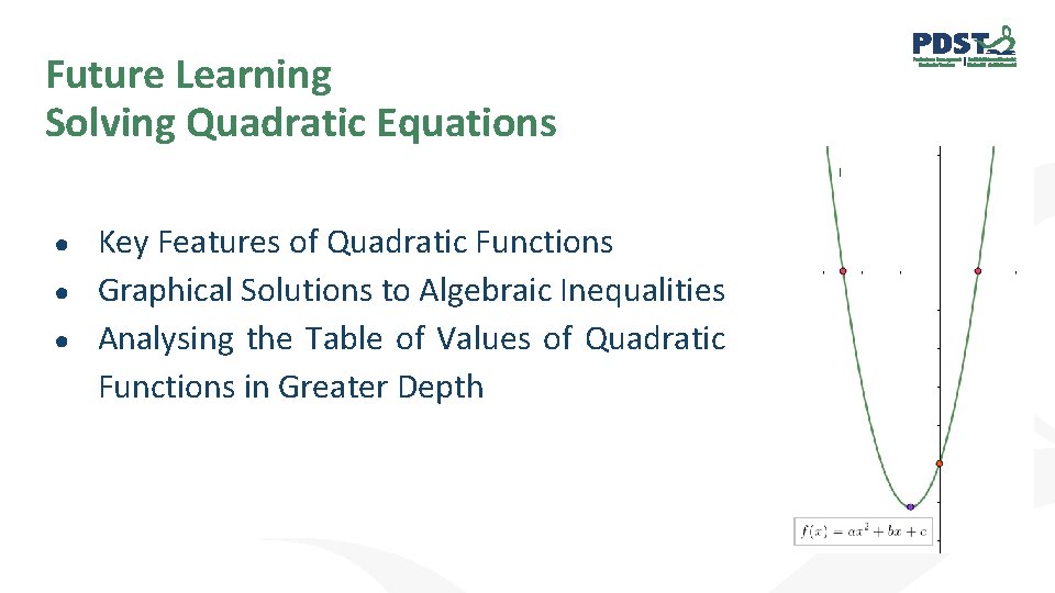 Future Learning Solving Quadratic Equations ● ● ● Key Features of Quadratic Functions Graphical