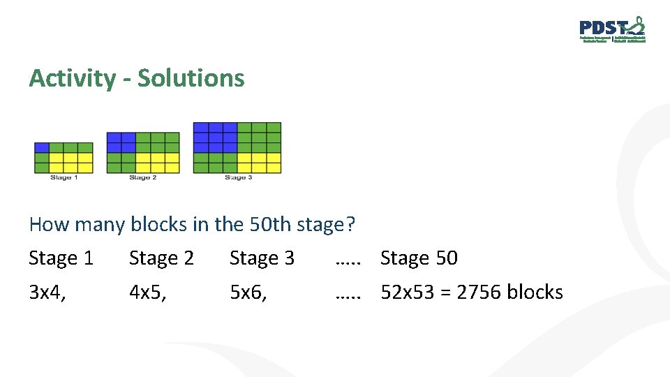 Activity - Solutions How many blocks in the 50 th stage? Stage 1 Stage