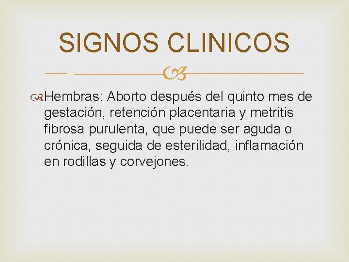 SIGNOS CLINICOS Hembras: Aborto después del quinto mes de gestación, retención placentaria y metritis