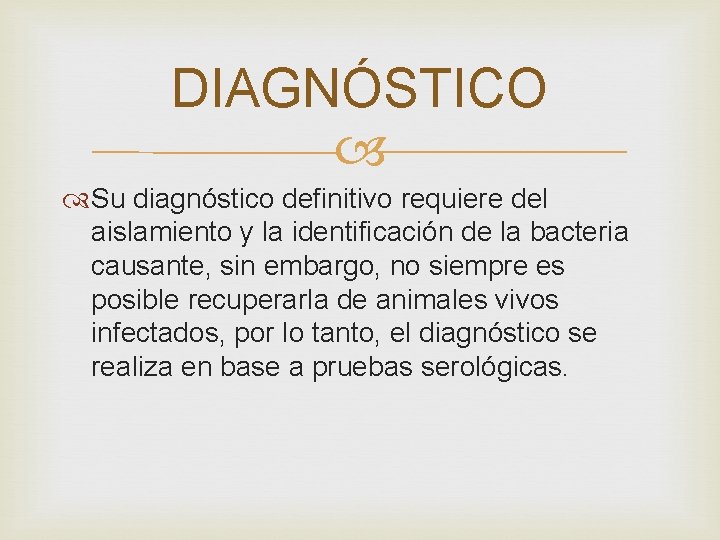 DIAGNÓSTICO Su diagnóstico definitivo requiere del aislamiento y la identificación de la bacteria causante,