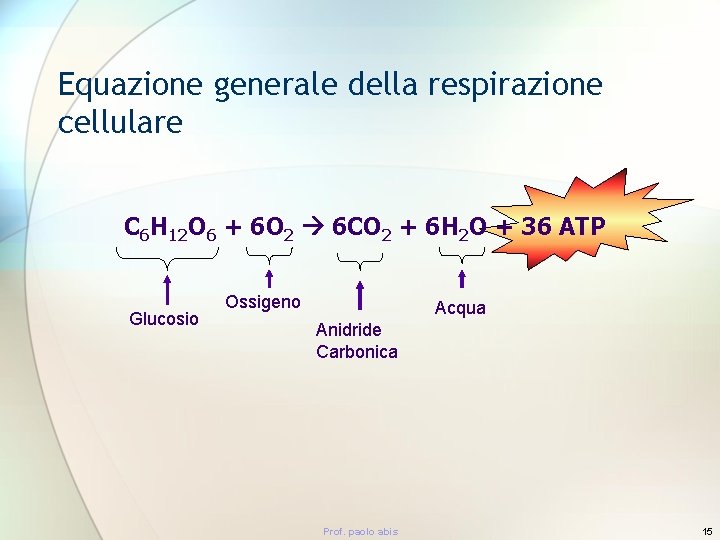 Equazione generale della respirazione cellulare C 6 H 12 O 6 + 6 O