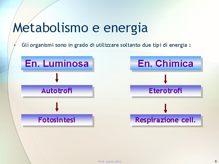 Metabolismo e energia • Gli organismi sono in grado di utilizzare soltanto due tipi