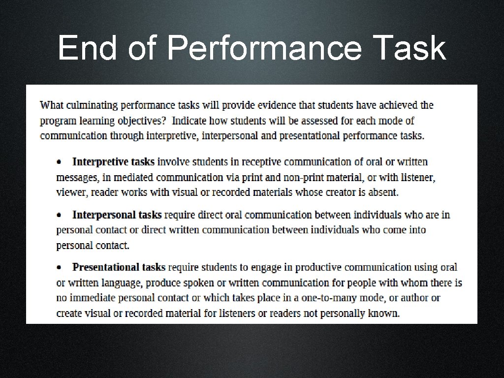 End of Performance Task 