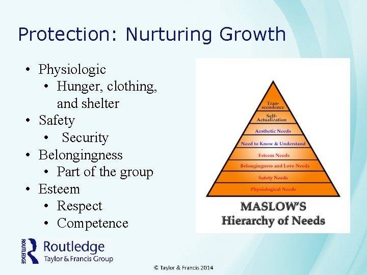 Protection: Nurturing Growth • Physiologic • Hunger, clothing, and shelter • Safety • Security