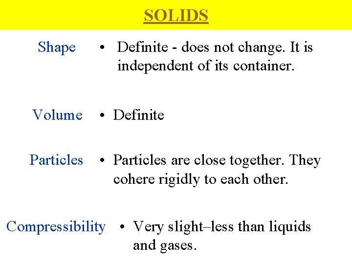 SOLIDS Shape • Definite - does not change. It is independent of its container.