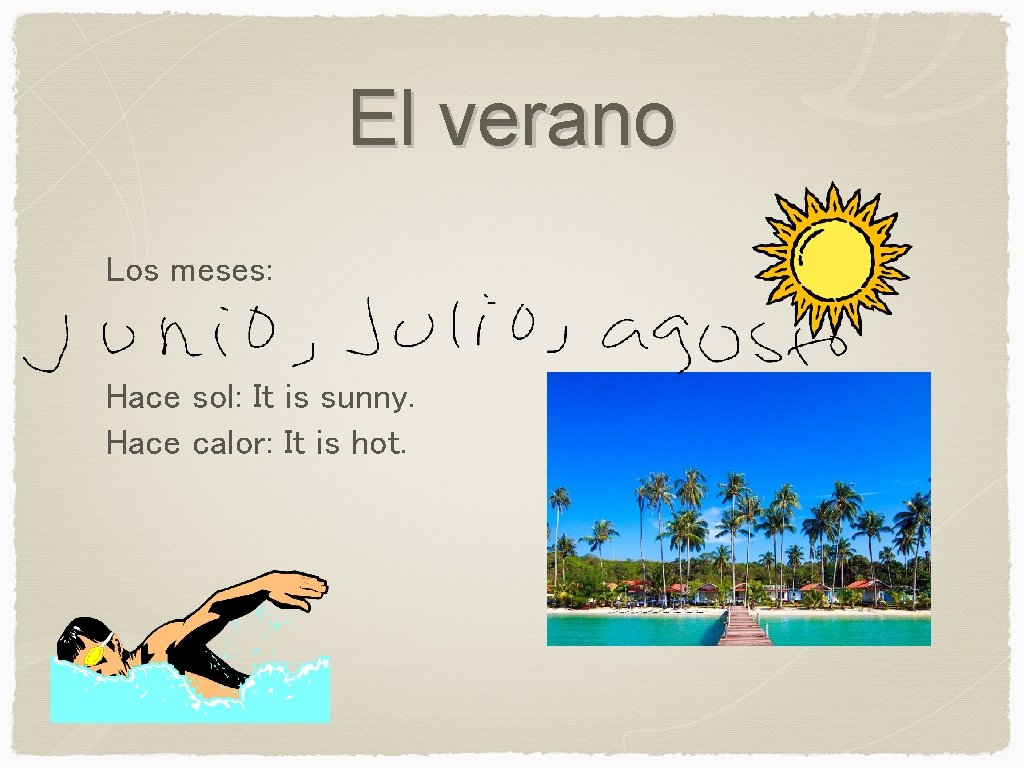 El verano Los meses: Hace sol: It is sunny. Hace calor: It is hot.