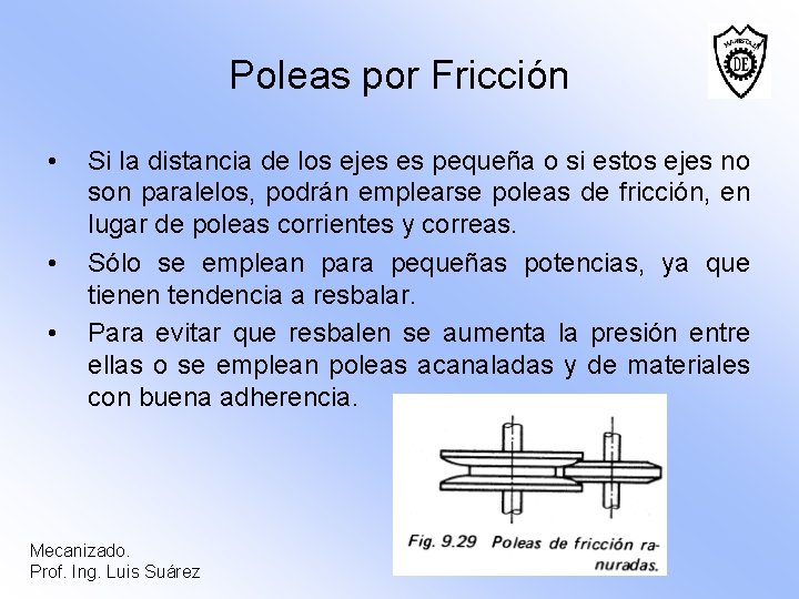 Poleas por Fricción • • • Si la distancia de los ejes es pequeña