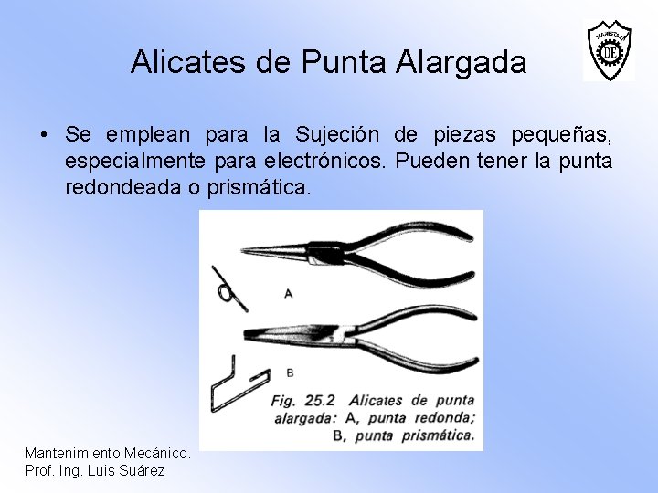 Alicates de Punta Alargada • Se emplean para la Sujeción de piezas pequeñas, especialmente