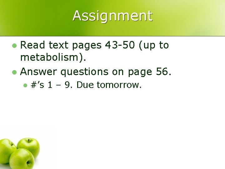 Assignment Read text pages 43 -50 (up to metabolism). l Answer questions on page