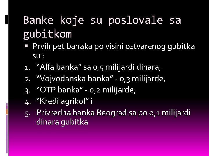 Banke koje su poslovale sa gubitkom Prvih pet banaka po visini ostvarenog gubitka su