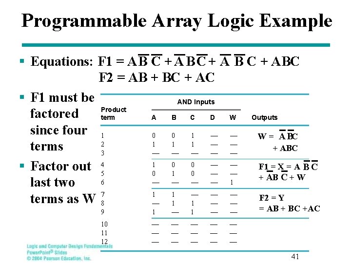 Programmable Array Logic Example § Equations: F 1 = A B C + ABC