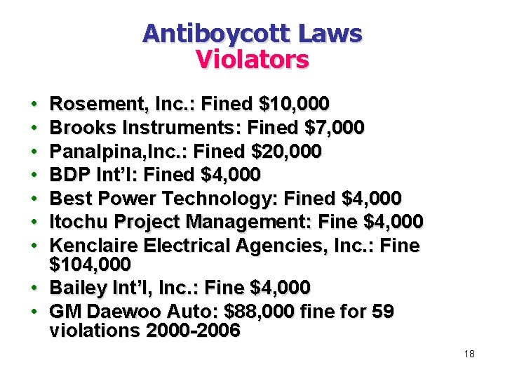 Antiboycott Laws Violators • • Rosement, Inc. : Fined $10, 000 Brooks Instruments: Fined