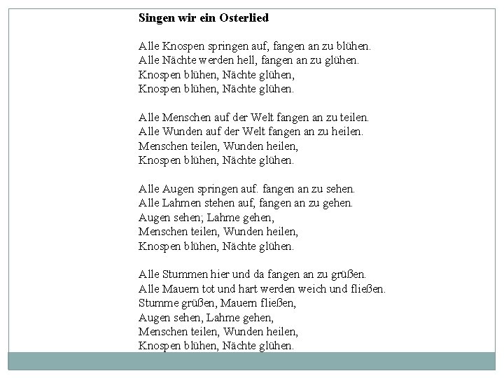 Singen wir ein Osterlied Alle Knospen springen auf, fangen an zu blühen. Alle Nächte