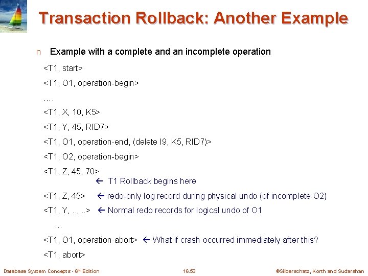 Transaction Rollback: Another Example n Example with a complete and an incomplete operation <T
