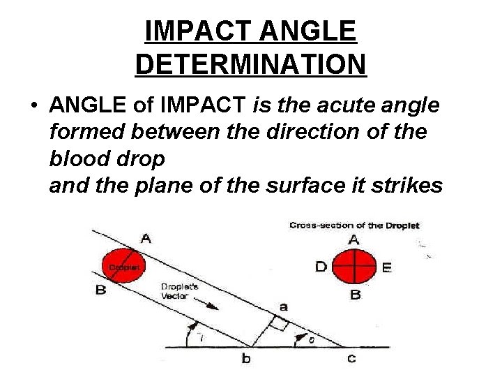 IMPACT ANGLE DETERMINATION • ANGLE of IMPACT is the acute angle formed between the