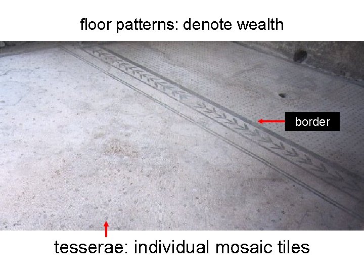 floor patterns: denote wealth border tesserae: individual mosaic tiles 