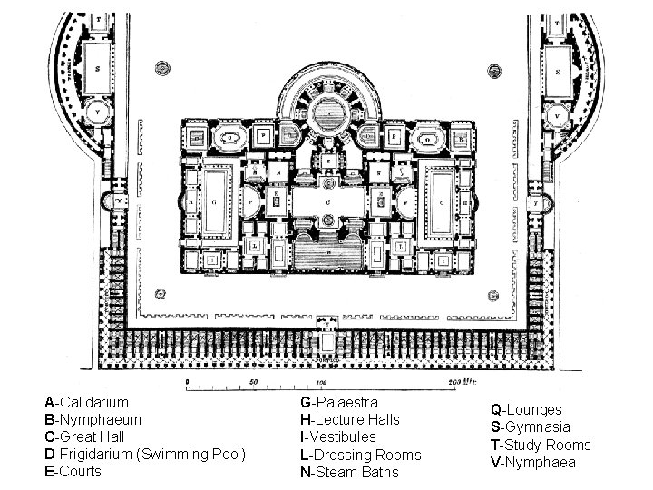 A-Calidarium B-Nymphaeum C-Great Hall D-Frigidarium (Swimming Pool) E-Courts G-Palaestra H-Lecture Halls I-Vestibules L-Dressing Rooms A-Calidarium B-Nymphaeum C-Great Hall D-Frigidarium (Swimming Pool) E-Courts G-Palaestra H-Lecture Halls I-Vestibules L-Dressing Rooms