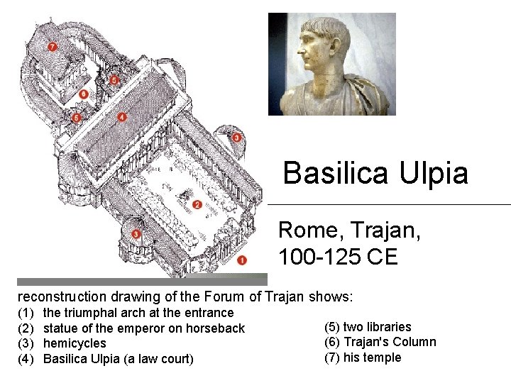 Basilica Ulpia Rome, Trajan, 100 -125 CE reconstruction drawing of the Forum of Trajan Basilica Ulpia Rome, Trajan, 100 -125 CE reconstruction drawing of the Forum of Trajan