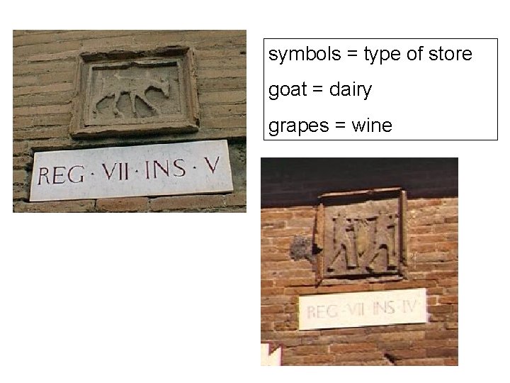 symbols = type of store goat = dairy grapes = wine 