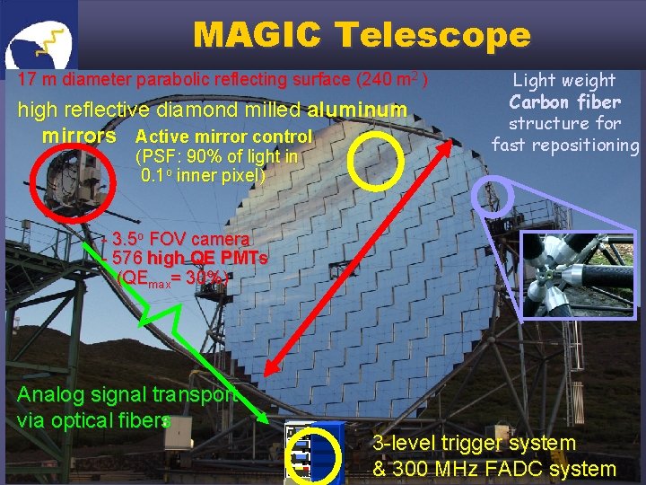 MAGIC Telescope 17 m diameter parabolic reflecting surface (240 m 2 ) high reflective