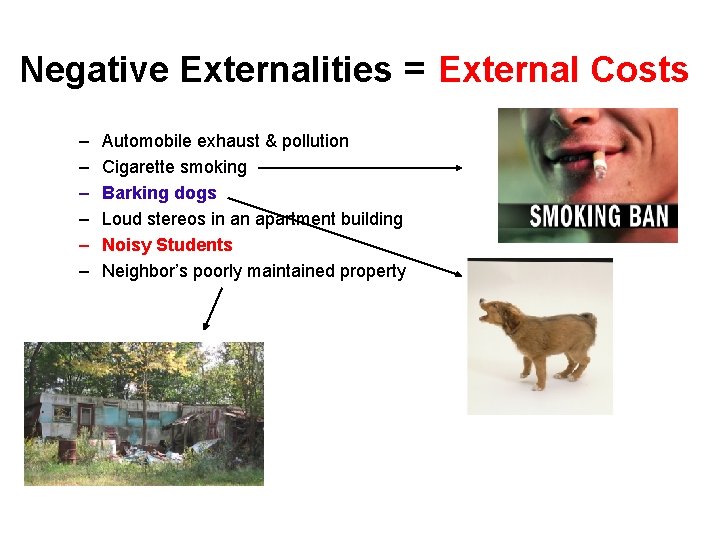 Negative Externalities = External Costs – – – Automobile exhaust & pollution Cigarette smoking