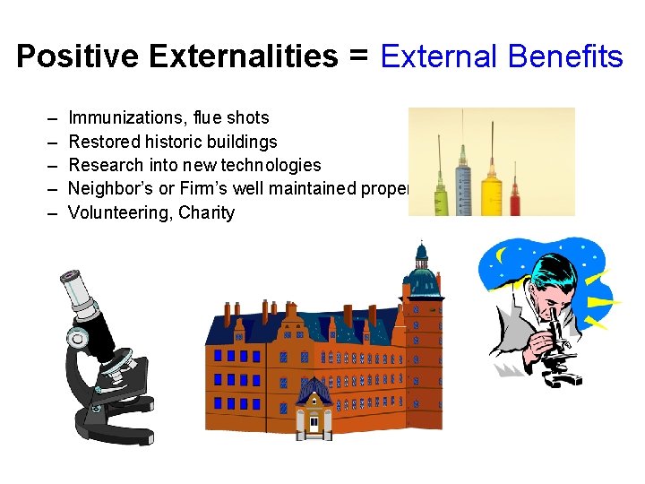 Positive Externalities = External Benefits – – – Immunizations, flue shots Restored historic buildings