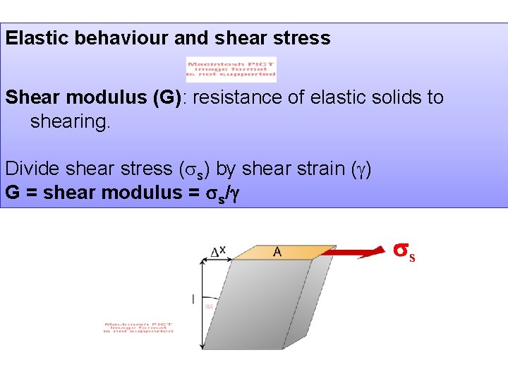 Elastic behaviour and shear stress Shear modulus (G): resistance of elastic solids to shearing.