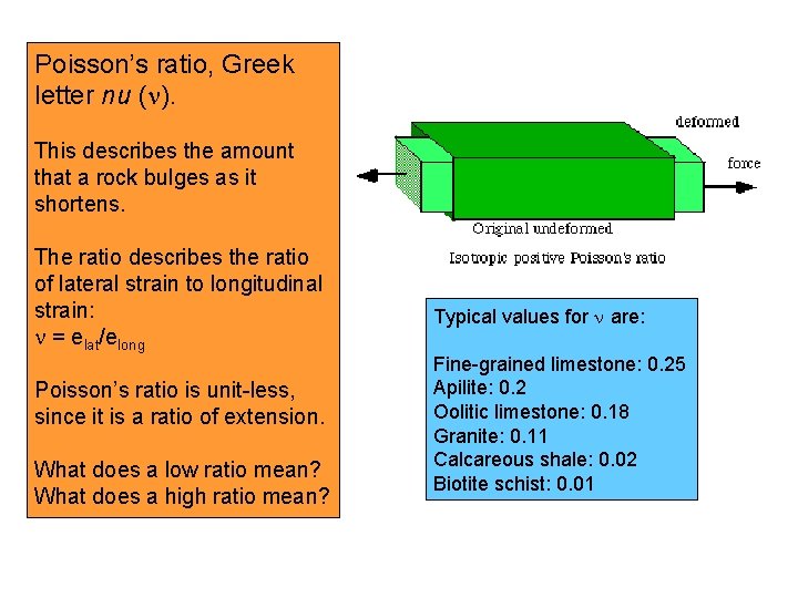 Poisson’s ratio, Greek letter nu (n). This describes the amount that a rock bulges