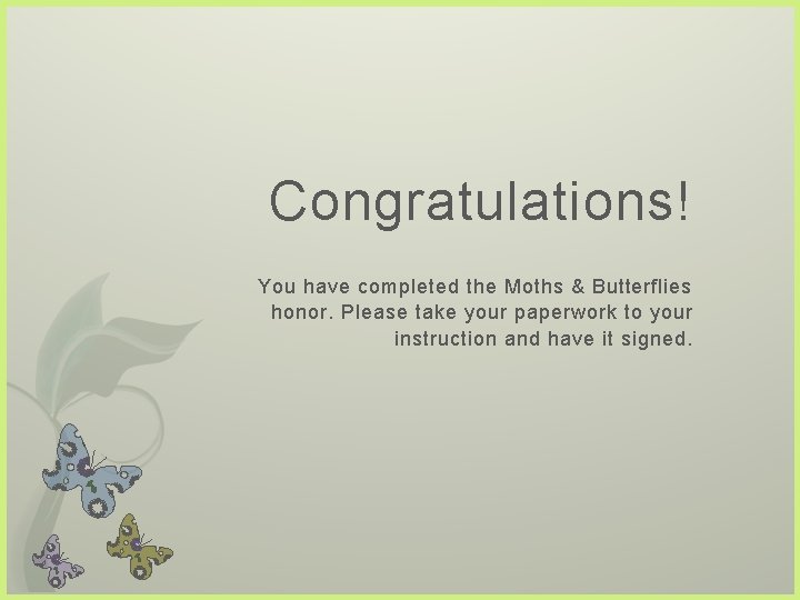 Congratulations! You have completed the Moths & Butterflies honor. Please take your paperwork to