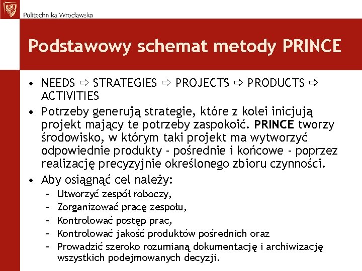 Podstawowy schemat metody PRINCE • NEEDS STRATEGIES PROJECTS PRODUCTS ACTIVITIES • Potrzeby generują strategie,
