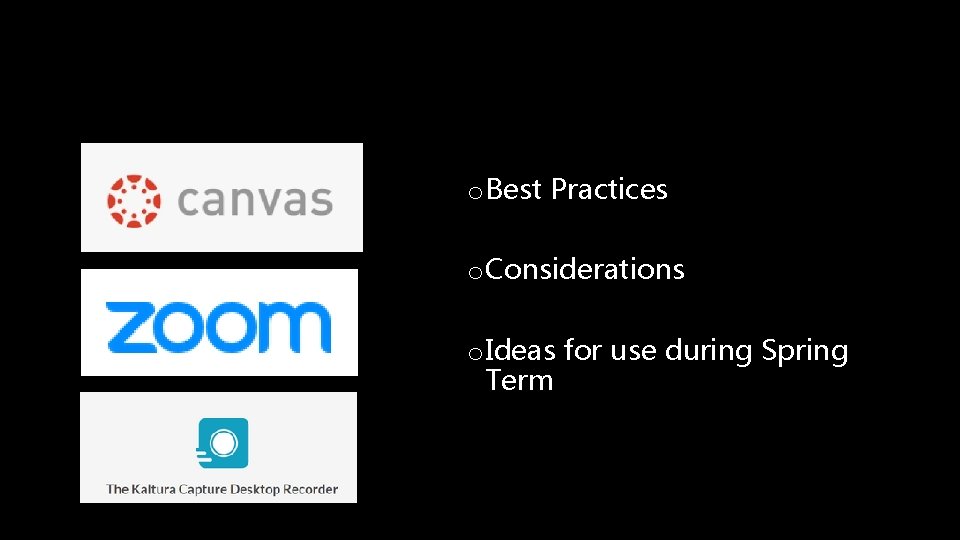 o Best Practices o Considerations o Ideas for use during Spring Term 