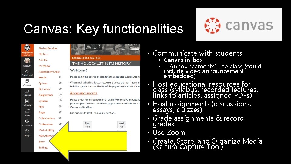 Canvas: Key functionalities • Communicate with students • Canvas in-box • “Announcements” to class