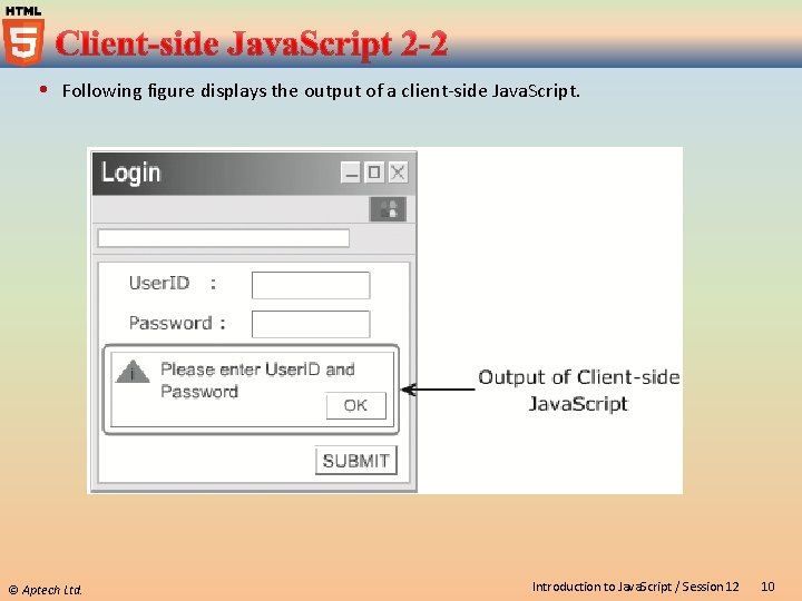  Following figure displays the output of a client-side Java. Script. © Aptech Ltd.
