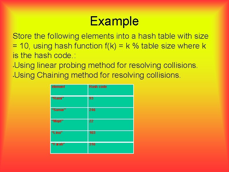 Example Store the following elements into a hash table with size = 10, using