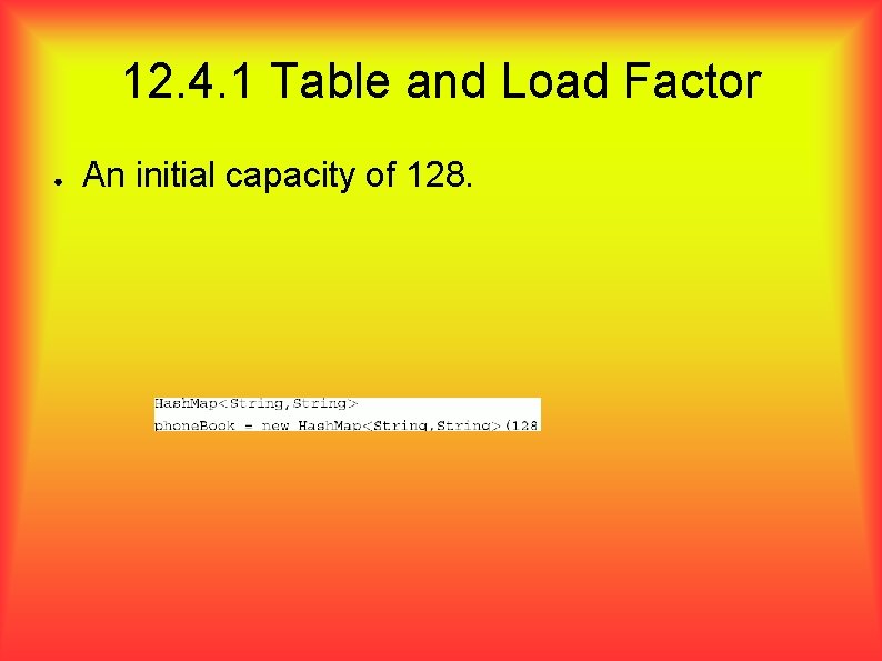 12. 4. 1 Table and Load Factor ● An initial capacity of 128.  12. 4. 1 Table and Load Factor ● An initial capacity of 128.