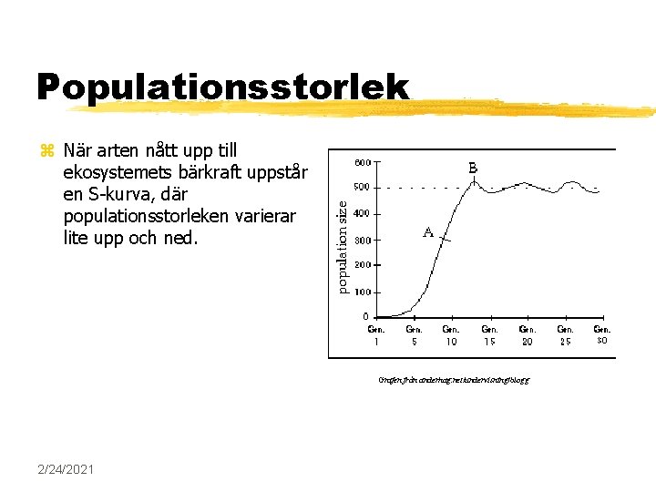 Populationsstorlek z När arten nått upp till ekosystemets bärkraft uppstår en S-kurva, där populationsstorleken